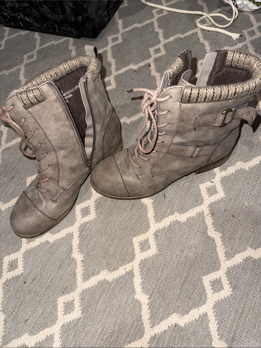 Women's Taupe Lace-Up Wedge Booties with Knit Collar